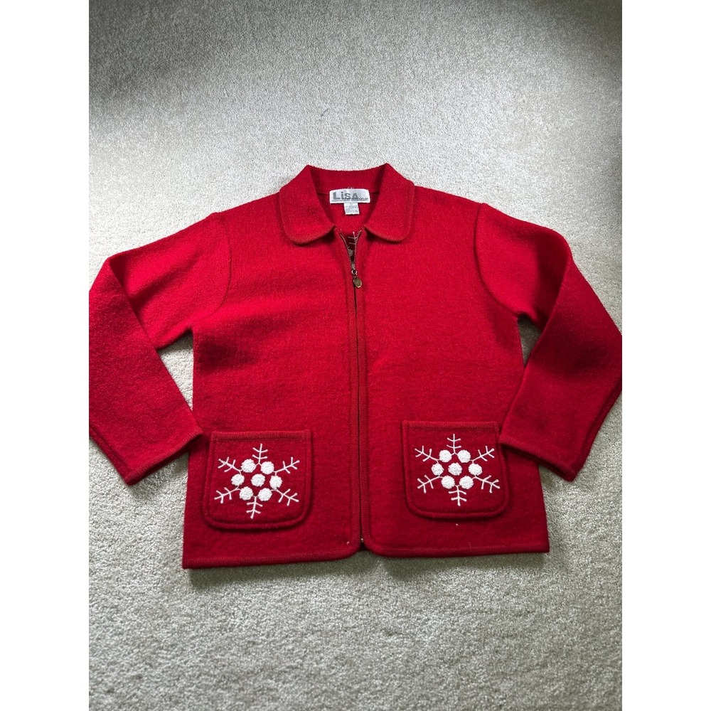 Lisa International Women's Red Wool‎ Sweater Medium Snowflake Pockets